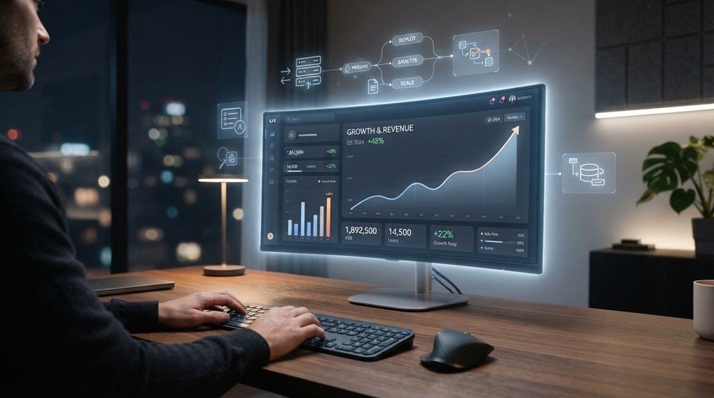 Digital business dashboard displaying real-time growth analytics and automated workflow nodes.