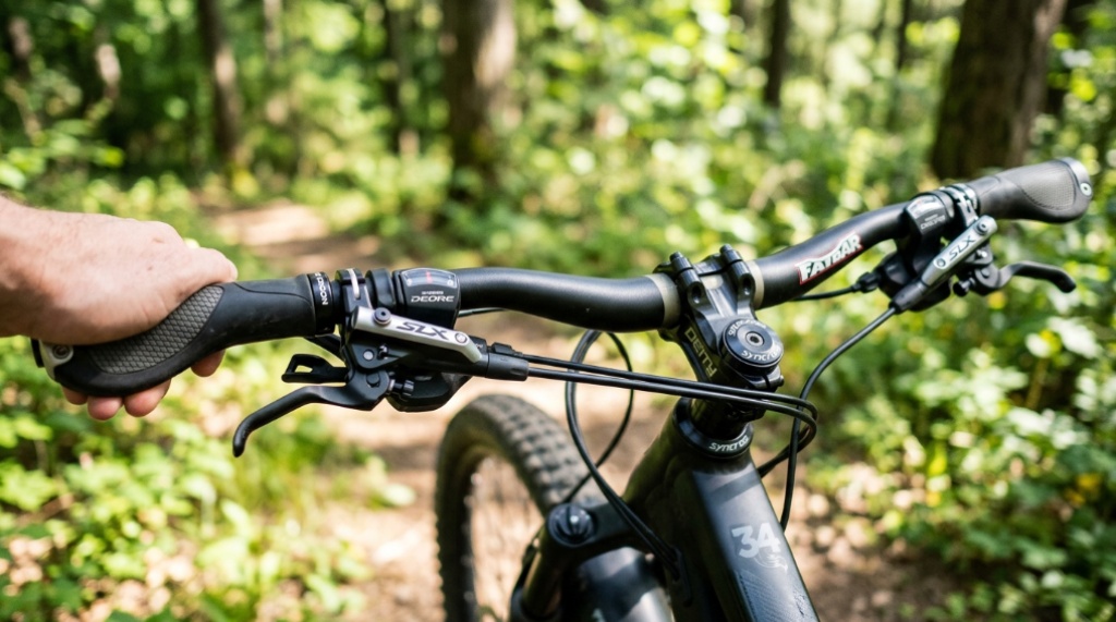Close-up of bicycle handlebars featuring ergonomic grips and adjusted brake levers.