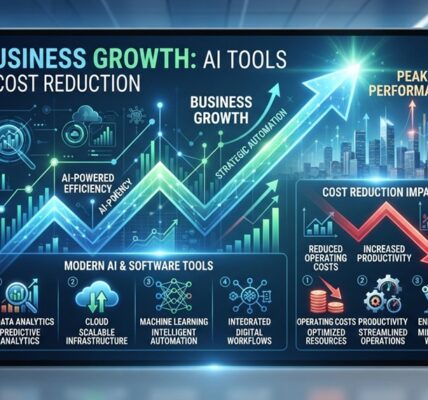 Executive reviewing financial charts showing reduced overhead costs on holographic display.