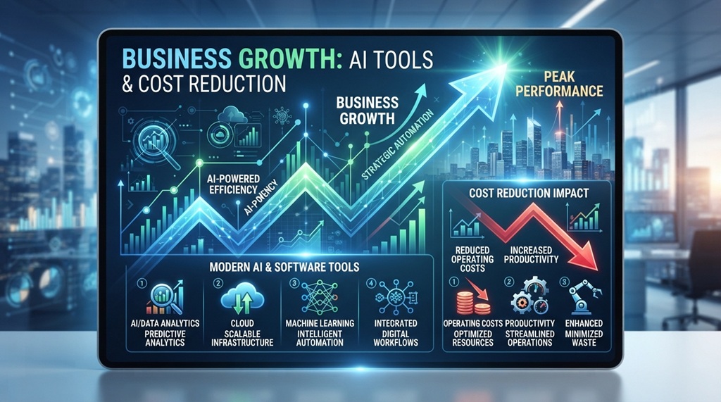 Executive reviewing financial charts showing reduced overhead costs on holographic display.