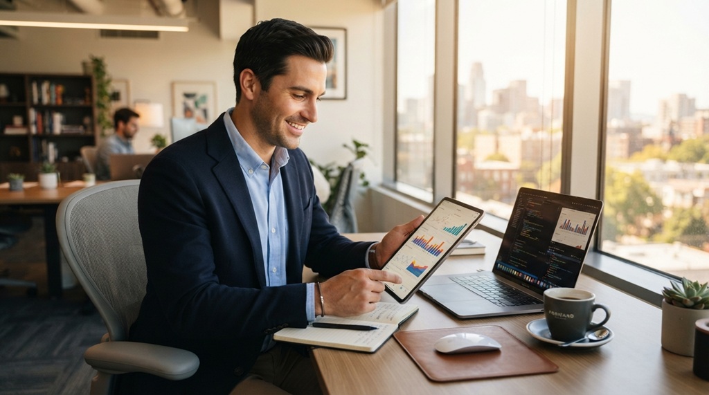 A man reviewing growth metrics on a laptop at a modern workspace.