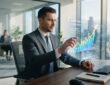 A male analyst reviewing digital financial growth charts in a modern office.