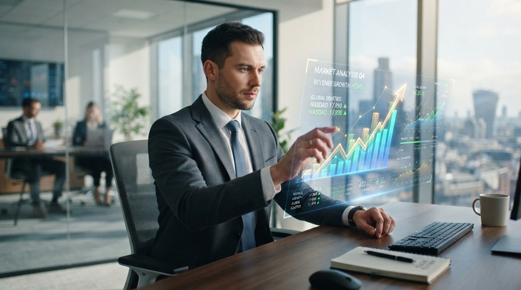 A male analyst reviewing digital financial growth charts in a modern office.