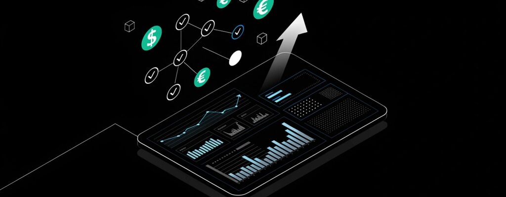 Digital tablet displaying futuristic financial growth charts and interactive AI data nodes.
