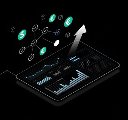 Digital tablet displaying futuristic financial growth charts and interactive AI data nodes.