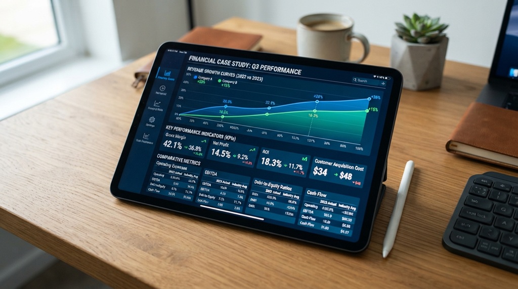 A digital tablet displaying financial case study metrics and revenue growth curves.