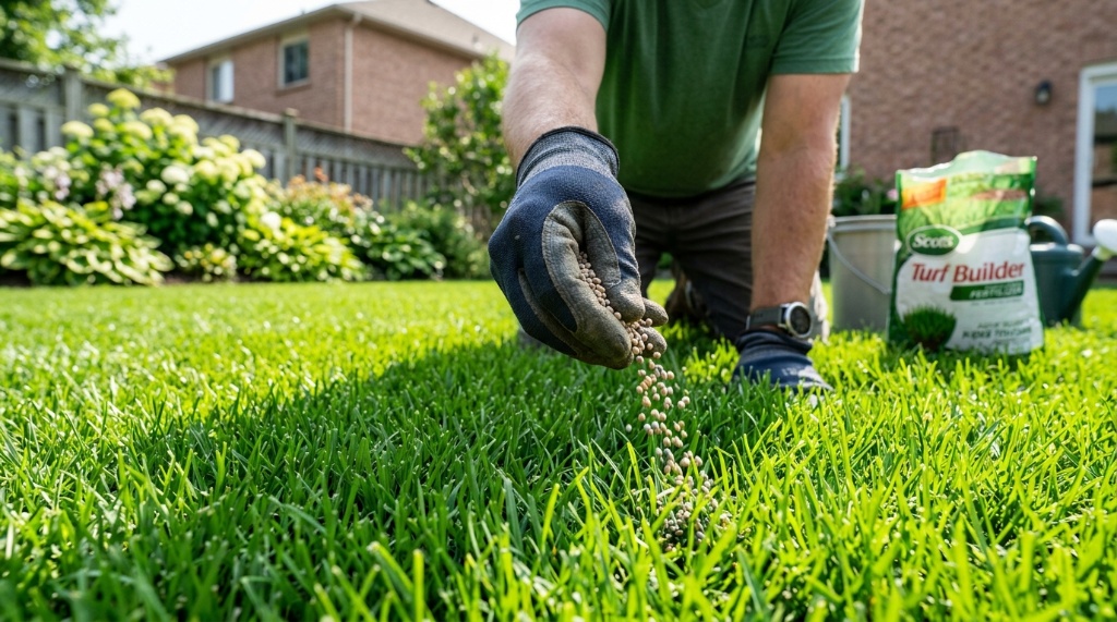 Gardener wearing gloves spreading fertilizer on green turf grass.