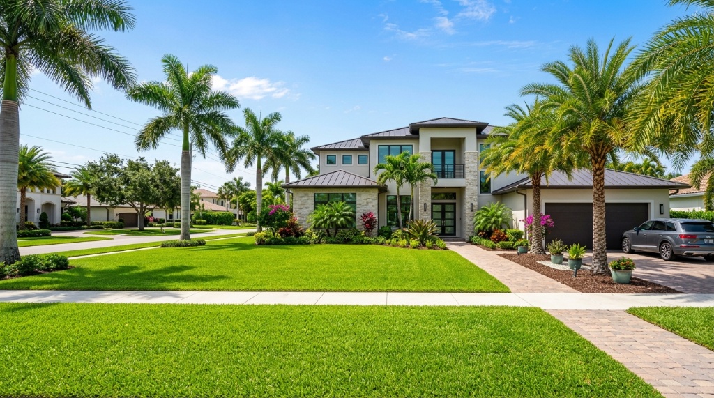 Vibrant green Florida lawn with palm trees and a sunny blue sky.