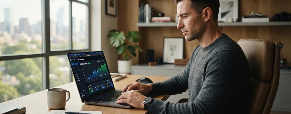 A male entrepreneur using a laptop with a digital growth chart displayed on screen.