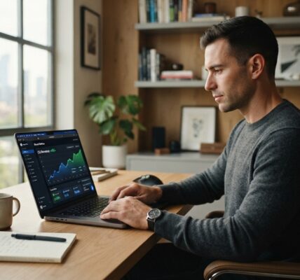 A male entrepreneur using a laptop with a digital growth chart displayed on screen.