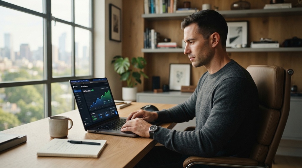 A male entrepreneur using a laptop with a digital growth chart displayed on screen.