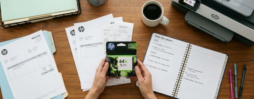 HP 64XL black ink cartridge resting on a clean desk beside a modern printer.