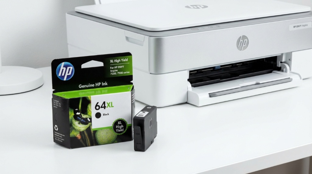 Person holding an HP 64XL ink cartridge above an organized office desk.