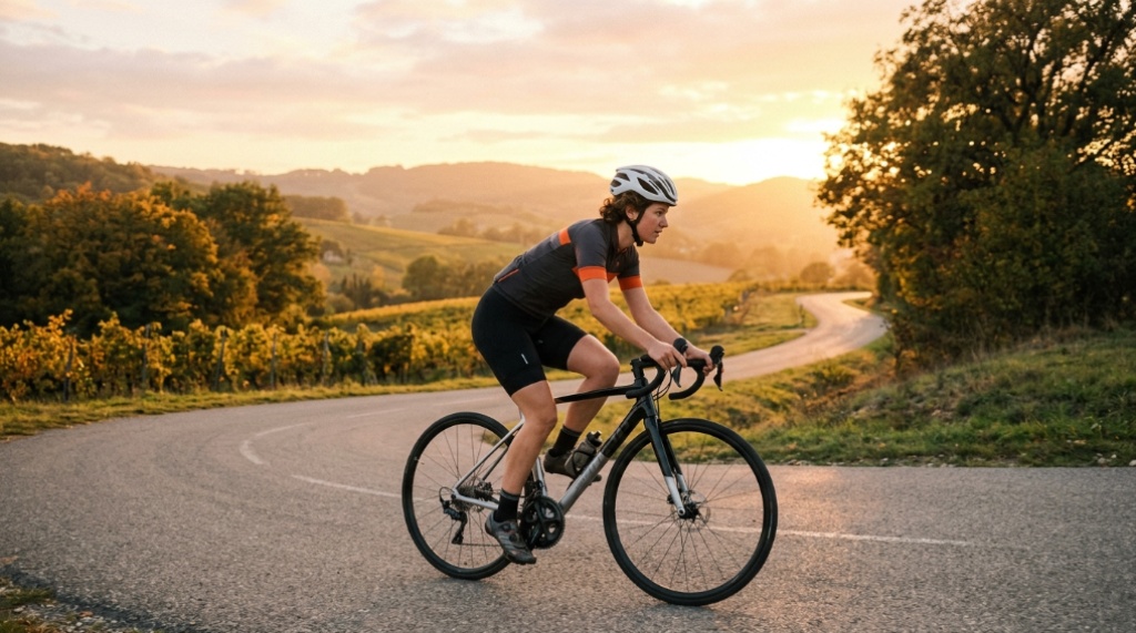 Cyclist maintaining an ergonomic posture on a scenic paved road at sunset.