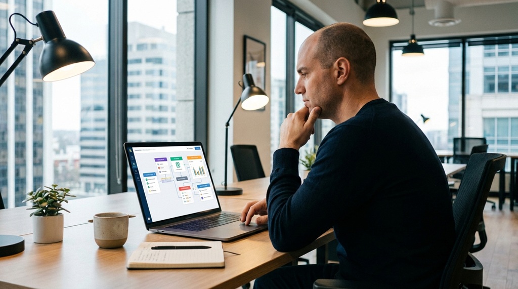 Male entrepreneur using laptop to manage automated business workflow systems.