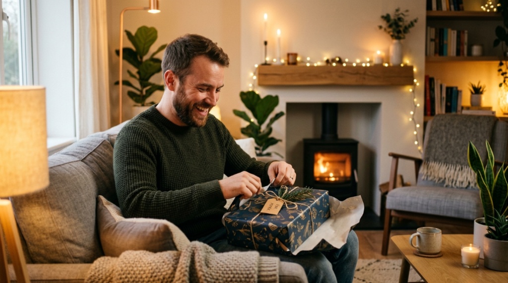 A smiling man opening a beautifully wrapped gift box in a cozy living room.