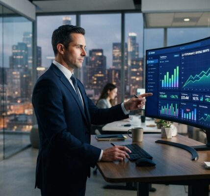 A man in a dark suit analyzing dynamic business growth charts on a dashboard.