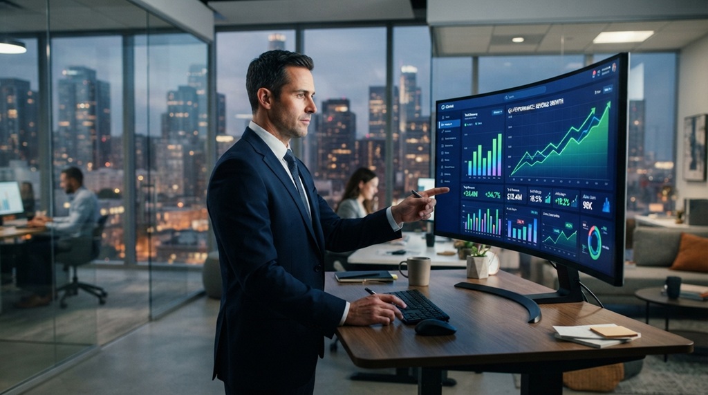 A man in a dark suit analyzing dynamic business growth charts on a dashboard.