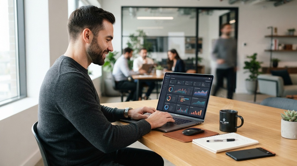 Professional male typing on laptop displaying business analytics dashboard next to coffee.