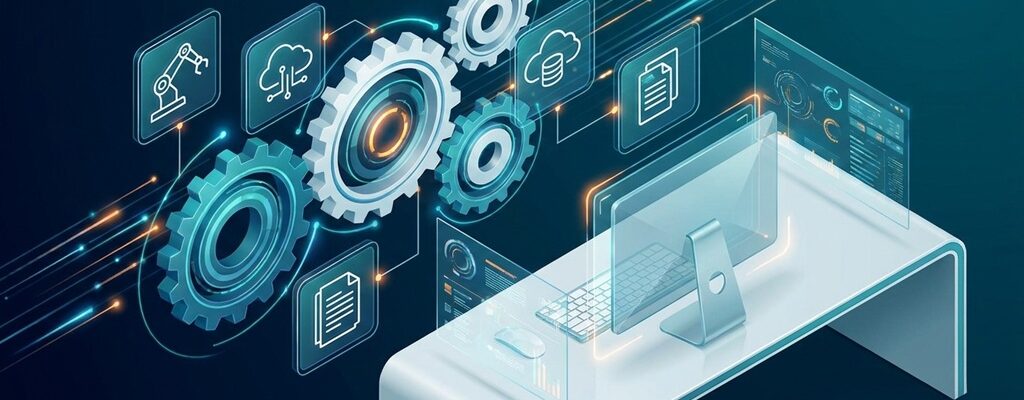 Digital gears and workflow icons illustrating business process automation setup.