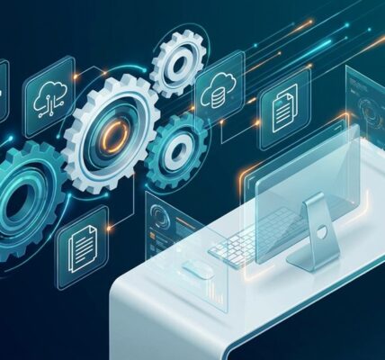Digital gears and workflow icons illustrating business process automation setup.