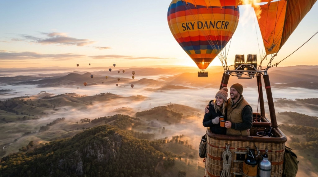 A couple enjoying a hot air balloon ride at sunrise for an unforgettable experience.