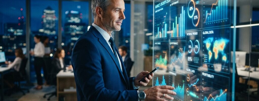 Man analyzing digital growth charts and strategy analytics on interactive display.