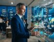 Man analyzing digital growth charts and strategy analytics on interactive display.