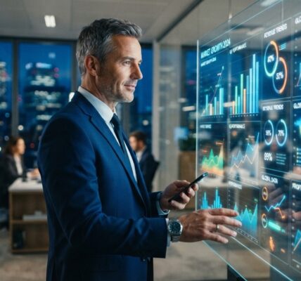 Man analyzing digital growth charts and strategy analytics on interactive display.
