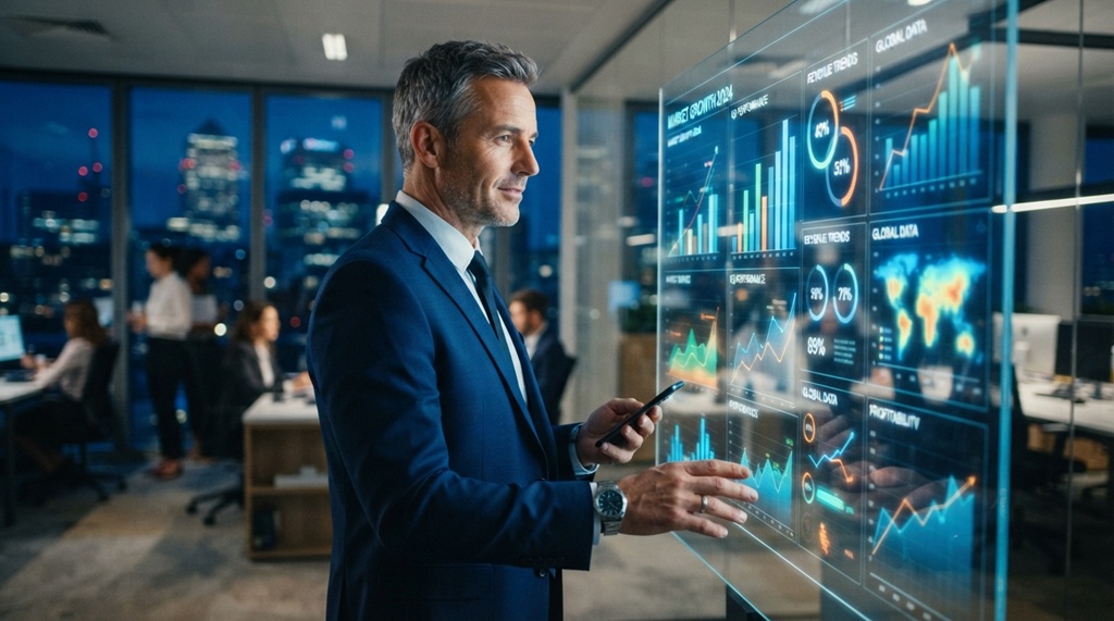 Man analyzing digital growth charts and strategy analytics on interactive display.