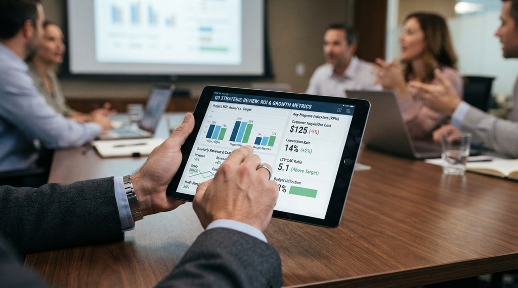 Man holding digital tablet displaying interactive ROI performance comparison metrics.