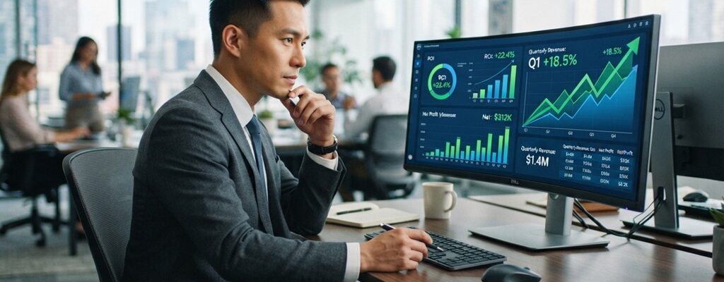 Male professional analyzing upward trending ROI growth data on an office screen.