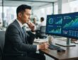 Male professional analyzing upward trending ROI growth data on an office screen.