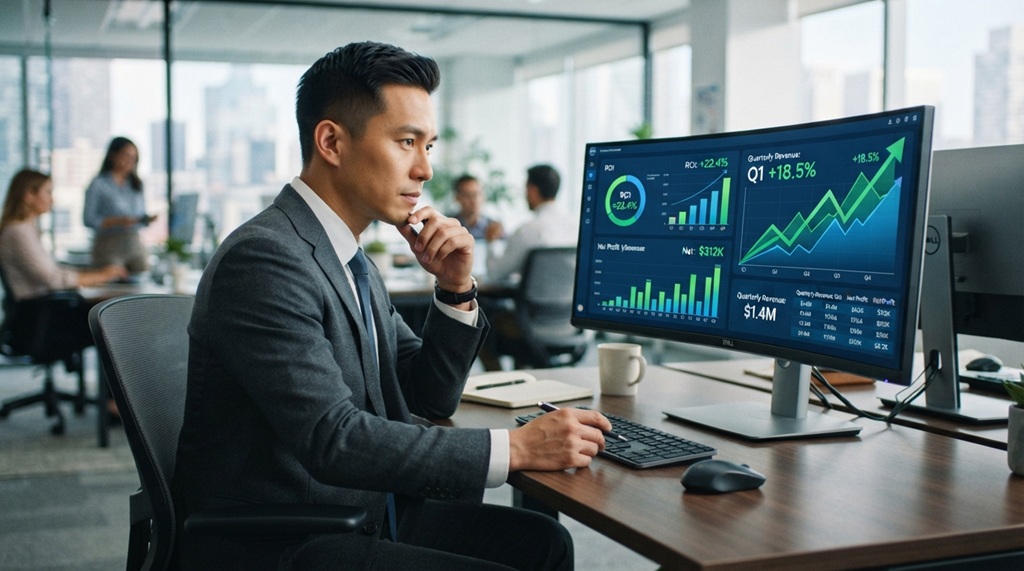 Male professional analyzing upward trending ROI growth data on an office screen.