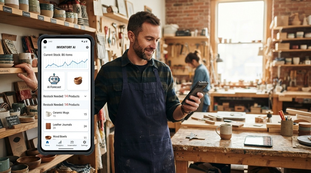 A male small business owner tracking inventory with an AI tool on his phone.