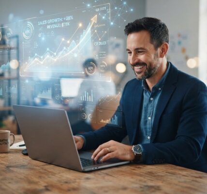 A man using a laptop surrounded by glowing digital data nodes and growth charts.