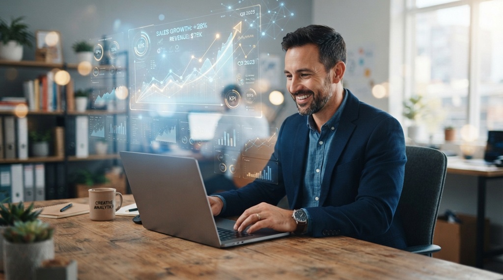 A man using a laptop surrounded by glowing digital data nodes and growth charts.