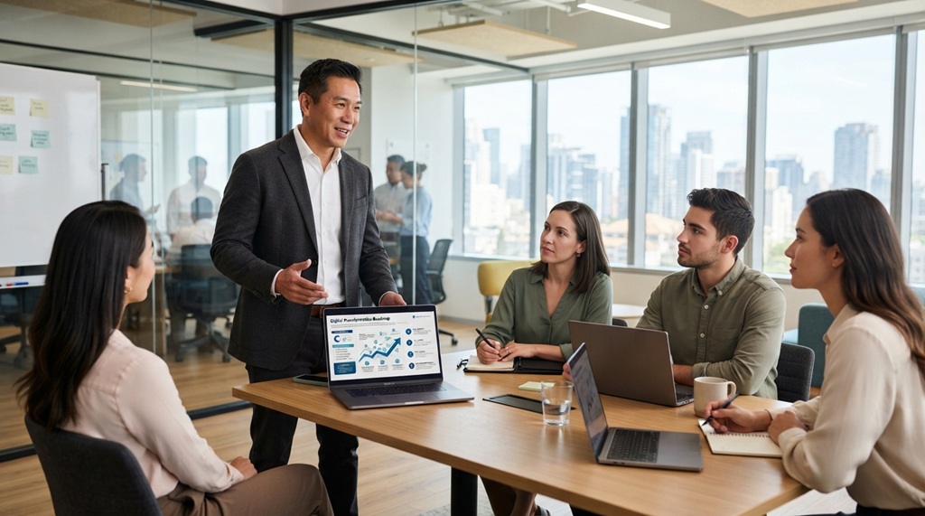 Male strategist reviewing digital transformation roadmap with colleagues on laptop.